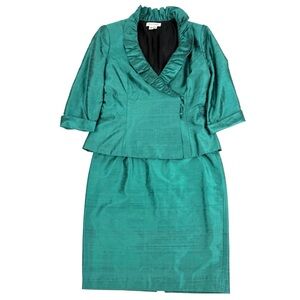 Kay Unger New York Skirt Suit Teal 100% Raw Silk 2 Piece Evening